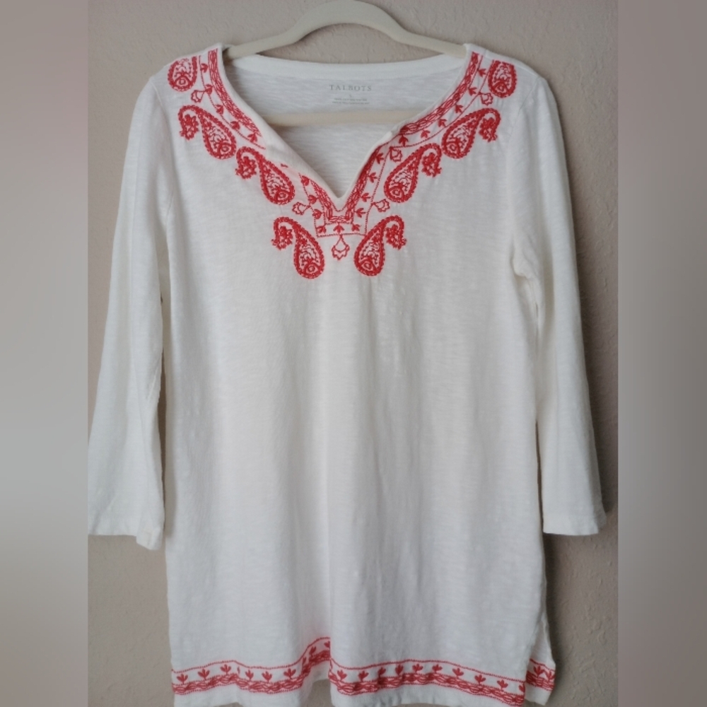 Talbots Vintage Top White & Red Embroidery Paisly  3/4 Sleeve Size S